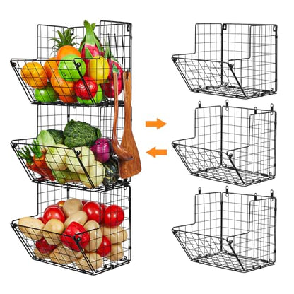 X-cosrack Metal Wire Basket Wall Mount, 3 Tier Wall Storage Organizer with 5 S Hooks, Kitchen Fruits and Vegetables Bin Toys Organizer Hanging Basket Black (S (10.83" L x 10.63" W x 30" H))