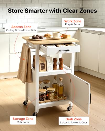 VEVOR Kitchen Island Cart with Single Door Cabinet, Mobile Carts with Drawer, Towel Rack, Hooks, Portable Table on Swivel Wheels, Small Coffee Islands Microwave Stand for Dining Room, 18x23 in, White - size: 17.72"D x 23.23"W x 35.83"H, style: Moveable 1