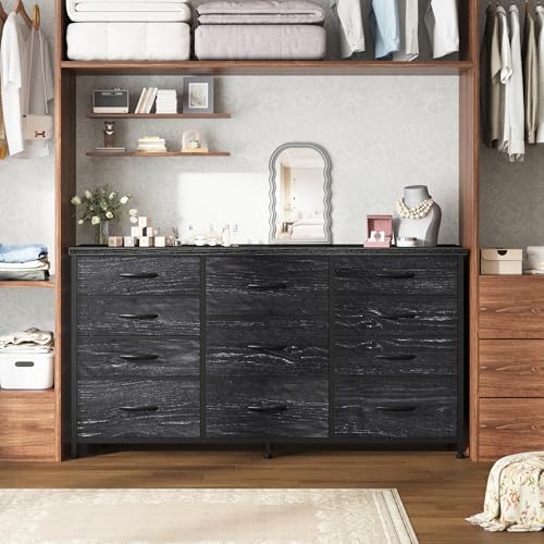 Romorgniz 47.2"W Long Dresser with 11 Fabric Drawers, TV Stand & Wooden Top | Five large and six small drawers provide organized storage, with a stable metal frame for bedrooms, living rooms and TV areas - color: Black