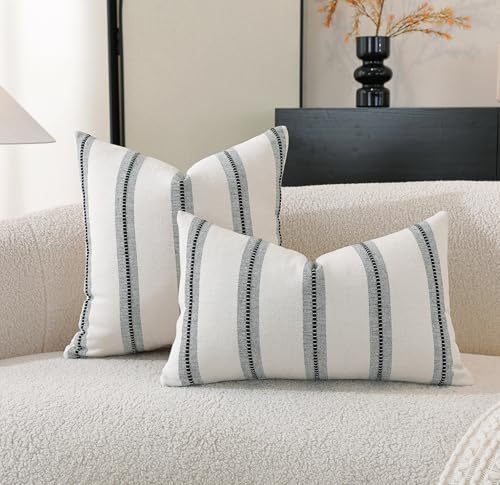 Cethom Boho Throw Pillow Covers 12x20 Set of 2, Beige and Black Striped Decorative Pillow Cases for Couch Chair Bed, Textured Farmhouse Accent Cushion Covers for Living Room Bedroom Sofa Home Decor - color: Black, size: 20" x 12" (Pack of 2)