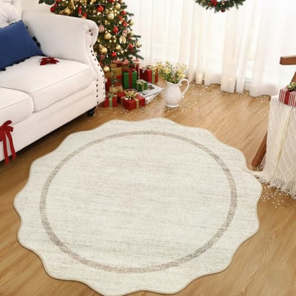 GarveeHome Scalloped Washable Round Rugs Non-Slip Round Rug 4 ft, Beige | Soft Ultra-Thin Small Boho Circle Stain Resistant Low Pile Carpet for Entryway Kitchen Bedroom Nursery Bathroom - color: Beige, size: 4' x 4' (Round)