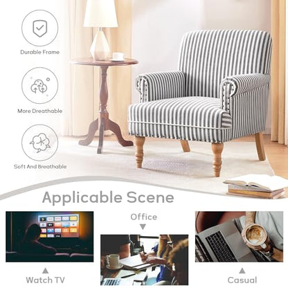 HUIMO Linen Fabric Accent Chair, Mid-Century Modern Upholstered Armchair with Solid Wood Legs, Comfy Reading Club Chair for Living Room Bedroom (1, Dark Grey and White Stripe) - color: Dark Grey and White Stripe