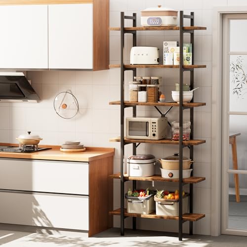 6 Tiers Bookshelf Organizer Industrial Tall Shelving, Modern Open Bookcase | Brown - color: Rustic Brown, size: 6-Tiers