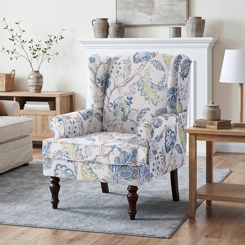 HUIMO Printed Wingback Accent Chair, Linen Upholstered High Back Armchair, Comfy Reading Chair for Living Room Bedroom Study, 300lbs Weight Capacity (1, Blue Floral) - color: Blue Floral