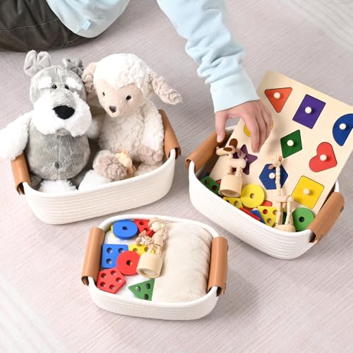 Storage Baskets for Organizing, Small Woven Basket Set of 6-4 Shelf Basket with Leather Handle and 2 Small Gift Baskets, Cotton Rope Basket for Shelves, Nursery, Dog Toy, Bathroom - color: White