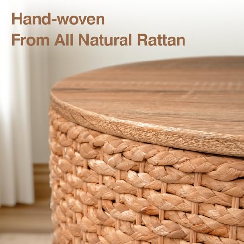 Round Nesting Coffee Table Set of 2 with Storage - Handwoven Wicker Rattan Ottoman Style, Boho Coastal Coffee Tables for Living Room, Rattan Coffee Table with Cover & Soild Wood Frame - color: Natural (Under Warm Light)