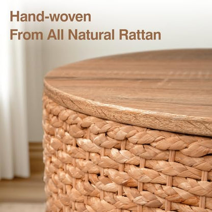 Round Nesting Coffee Table Set of 2 with Storage - Handwoven Wicker Rattan Ottoman Style, Boho Coastal Coffee Tables for Living Room, Rattan Coffee Table with Cover & Soild Wood Frame - color: Natural (Under Warm Light)