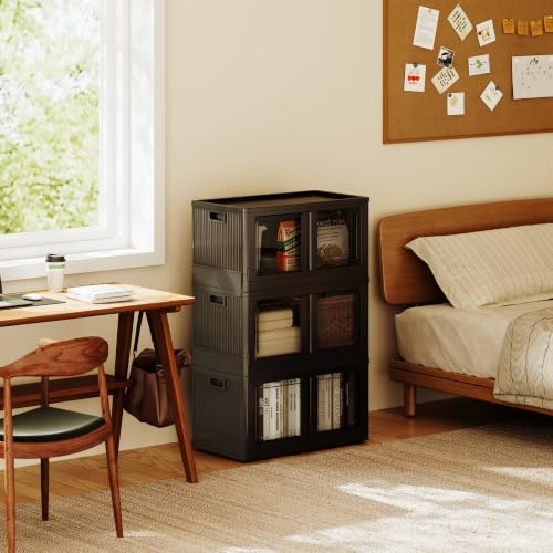 FLEXIMOUNTS 228 QT Stackable Plastic Storage Bins With Lids, Black | Collapsible Foldable Storage Bins with Front Doors and Built-in Wheels, Organizers and Storage for Home, Dorm, 3 Pack Cubes - color: Black, size: 76 Qt-3 Pack