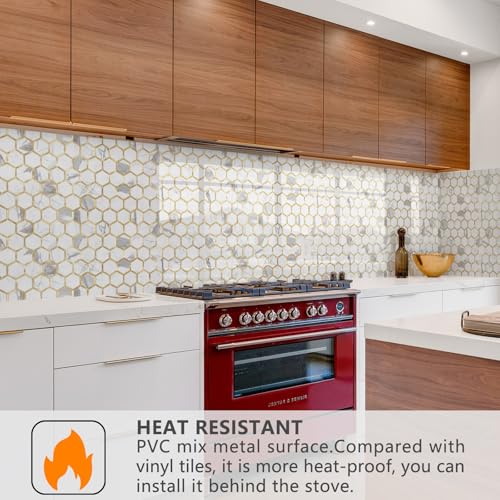 STICKGOO Hexagon Peel and Stick Backsplash Tile, Stick on Backsplash for Kitchen and Bathroom, Glossy Carrara White PVC Mixed Metal Gold Self Adhesive Wall Tiles(10 Sheets, Seamless) - color: Carrara White with Metal Gold