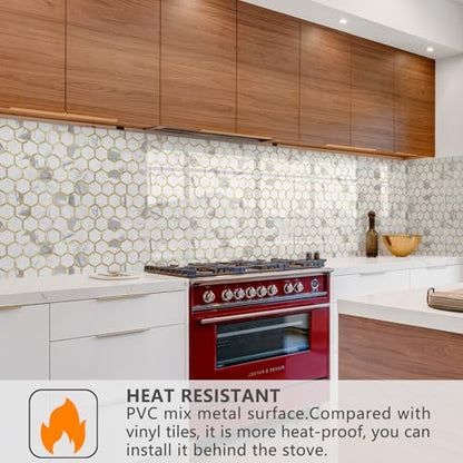 STICKGOO Hexagon Peel and Stick Backsplash Tile, Stick on Backsplash for Kitchen and Bathroom, Glossy Carrara White PVC Mixed Metal Gold Self Adhesive Wall Tiles(10 Sheets, Seamless) - color: Carrara White with Metal Gold
