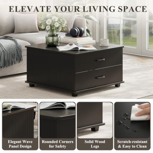 MALOL Square Storage Coffee Table with 2 Drawers, Hidden Storage Beneath Flip-Top Lid, Modern Fluted Wood Coffee Table with Solid Wood Legs for Living Room, Black - color: Black