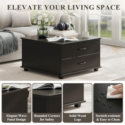 MALOL Square Storage Coffee Table with 2 Drawers, Hidden Storage Beneath Flip-Top Lid, Modern Fluted Wood Coffee Table with Solid Wood Legs for Living Room, Black - color: Black