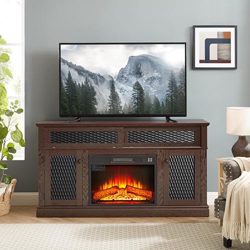 Fireplace TV Stand 58 in with 23 inch Electric Fireplace Insert, Wood Entertainment Center for TV up to 65 inch, Rustic Media Console with Embossed Sliding Doors and Cable Management, Dark Cherry - color: Cherry-d