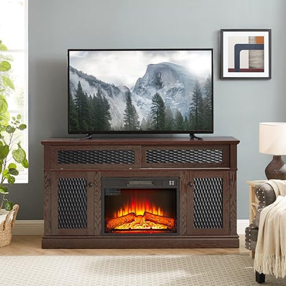 Fireplace TV Stand 58 in with 23 inch Electric Fireplace Insert, Wood Entertainment Center for TV up to 65 inch, Rustic Media Console with Embossed Sliding Doors and Cable Management, Dark Cherry - color: Cherry-d
