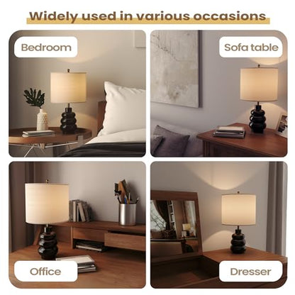 17.5" Black Ceramic Gourd Table Lamps Set of 2, Touch Control Farmhouse Lamps for Nightstand Living Room, Small Rustic Bedside Lamp for Bedroom Desk End Table Office with Linen Shades