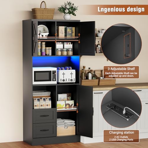 Farmhouse Kitchen Pantry Cabinet with LED Lights and Power Strip, Tall Kitchen Storage Cabinet, Kitchen Hutch with Microwave Stand & Barn Doors and Drawers for Dining Room - color: Black, style: Modern
