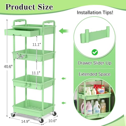 SUNALLY 4 Tier Rolling Cart with Drawer, Craft Storage Cart Organizer,Green | Bathroom Storage Organizer with 2 Lockable Wheels, Rolling Utility Cart for Kitchen, Office, Baby, Makeup, Nail,Snack,Laundry - color: Green, size: 4 Tier