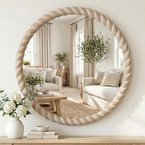 24"x24" Round Solid Wood Farmhouse Decorative Wall Mirror | Timeless Circle Wall Mirror with Natural Color Braided Wood Frame, Perfect for Bathroom, Vanity, Entryways, Living Rooms ﻿ - color: Natural Color, size: 24"L x 24"W