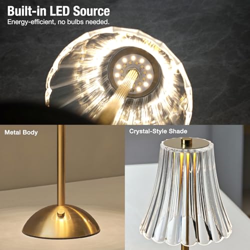 Gold Rechargeable Table Lamp [2 Pack], Cordless Touch LED Bedside Lamp with 3 Color Modes, USB Dimmable