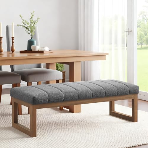 Zihanhome 52.7" Bedroom Bench for End of Bed, Modern Upholstered Teddy Fabric Entryway Bench & Dining Bench, Footrest Stool Bench with Solid Wood Frame for Bedroom, Living Room (Grey) - color: Grey