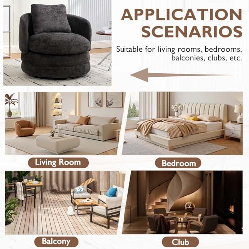 Round Swivel Barrel Chair with Comfy Pillow, Beige Small Accent Chair with Curved Backrest, Modern Upholstered Armchair & Chenille Barrel Accent Chairs for Living Room Bedroom Office (Dark Gray) - color: Dark Gray