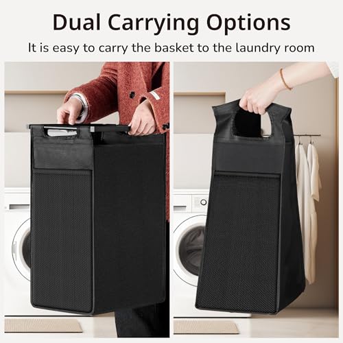 Laundry Hamper with Shelf, Laundry Basket with 1 Large Pull-Out Removable Bags, 1 x 18.3 Gallons(69L), Metal Frame, Lockable Wheels, for Laundry Room and Bedroom - color: Black and Rust (1 Bag 69L)