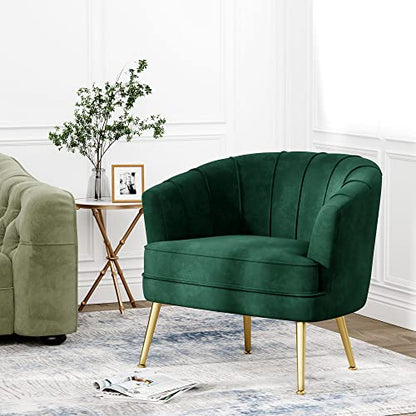 Velvet Accent Chair, Barrel Armchair, Green | Velvet Upholstery, Golden Metal Legs, Comfy Barrel Back, Modern Style, Living Room Bedroom Office - color: Green, size: 1 Chair