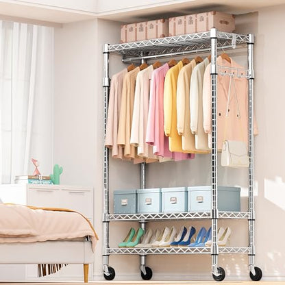 M MZG Heavy Duty Rolling Garment Rack 3 Tiers Adjustable Wire Shelving Clothes Rack with Rods and Side Hooks,Storage Closet Clothing Rack with Wheels Chrome 17.7" D x 47.2" W x 83.6" H - color: Chrome, size: 3 Tier with 1 rod, 17.7"D x 47.2"W x 83.6"H