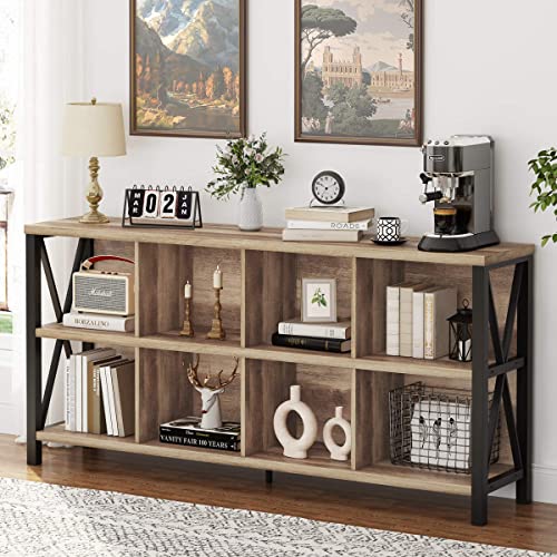 8 Cube Storage Organizer Bookshelf, 62 Inch Rustic Wood Horizontal Bookcase, Industrial Cube Long Book Shelf for Living Room (Rustic Oak) - color: Rustic Oak