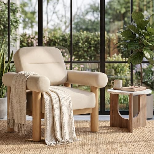 HNY 1-Pack Mid-Century Chenille Barrel Chair, Khaki | Comfy Round Upholstered Armchair, Solid Wood Frame With Open Back, Lounge Side Club Chair for Living Room, Bedroom, Office - color: Khaki, size: 1
