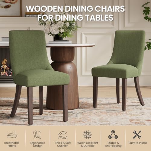 MALOL Wooden Dining Chairs Set of 4, Upholstered Kitchen & Dining Room Chairs with Solid Wood Legs Curved Backrest Farmhouse Accent Chair for Dining/Kitchen/Living Room, Green - color: Green, size: Set of 4