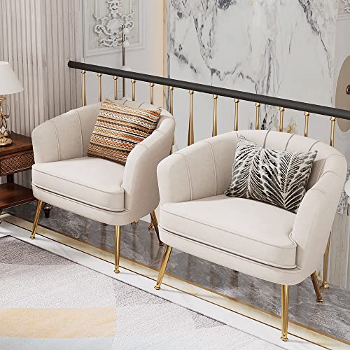Velvet Accent Chair, Barrel Armchair, Beige | Velvet Upholstery, Golden Metal Legs, Comfy Barrel Back, Modern Style, Living Room Bedroom Office - color: Beige, size: 1 Chair