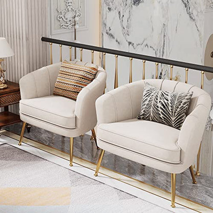 Velvet Accent Chair, Barrel Armchair, Beige | Velvet Upholstery, Golden Metal Legs, Comfy Barrel Back, Modern Style, Living Room Bedroom Office - color: Beige, size: 1 Chair