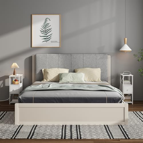 TUTOTAK Small Narrow End Table with Charging Station, Set of 2 | Side Table with Outlets, Nightstand with Cloth Drawer, Couch Table for Living Room, Bedroom, Bedside, White TB01BW058 - color: White, style: 1 Drawer & Plug