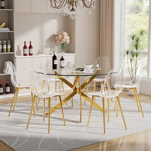 Baysitone Clear Dining Chairs Set of 6, Modern Kitchen Chairs with Transparent Seat, Acrylic Accent Side Chairs with Golden Plating Metal Legs for Dining Room, Kitchen, Living Room - color: Golden, size: Set of 6