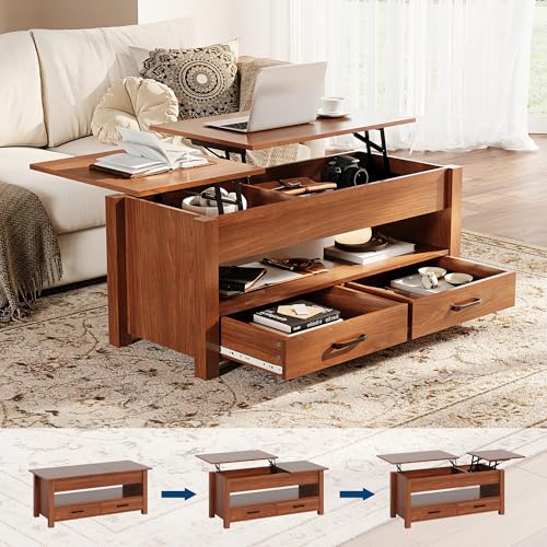Multifunctional Lift Top Coffee Table, Convertible Wooden Coffee Table with 2 Drawers & Hidden Compartment, Storage Center Table for Living Room Home Office,Brown - color: Brown