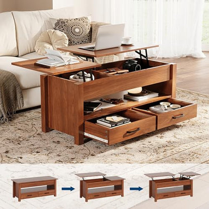 Multifunctional Lift Top Coffee Table, Convertible Wooden Coffee Table with 2 Drawers & Hidden Compartment, Storage Center Table for Living Room Home Office,Brown - color: Brown