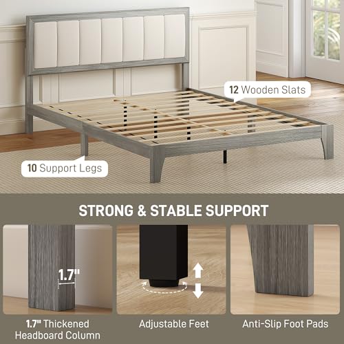 HOMCOM Queen Size Bed Frame, Upholstered Headboard, Wooden Slats, Gray | Platform Bed Frame, No Box Spring Needed, Easy Assembly - size: Queen