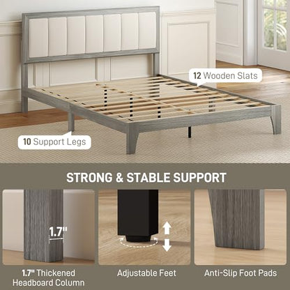 HOMCOM Queen Size Bed Frame, Upholstered Headboard, Wooden Slats, Gray | Platform Bed Frame, No Box Spring Needed, Easy Assembly - size: Queen