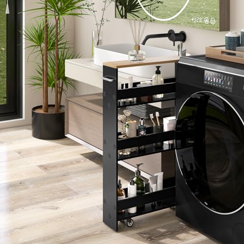 Slim Storage Cart, 4-Tier Rolling Cart with Handle & Wooden Top for Kitchen Bathroom Laundry Living Room Narrow Small Spaces, 5 Inches Width (Black & Natural) - color: Black & Natural