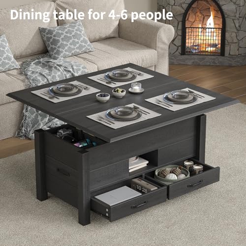 39.4" Lift Top Coffee Table 180° Flip Convertible Center with 4 Drawers Hidden Storage Silent Gas Multi-Function Rising Workstation for Living Room Apartment Home Office Black