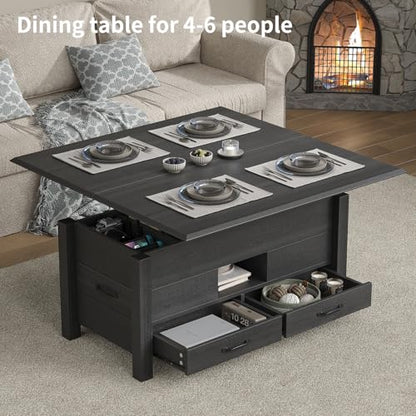 39.4" Lift Top Coffee Table 180° Flip Convertible Center with 4 Drawers Hidden Storage Silent Gas Multi-Function Rising Workstation for Living Room Apartment Home Office Black