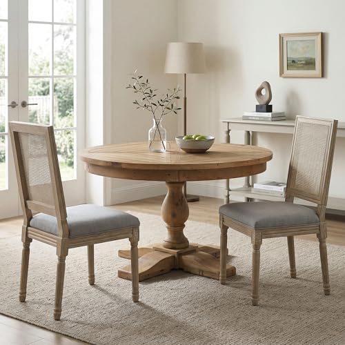 Kmax Farmhouse Dining Room Chairs, Fabric French Distressed Bedroom Chairs with Rectangle Rattan Back, Elegant Tufted Kitchen Chairs, Set of 4, Grey - color: Brown Wash/Rattan Grey, size: 4 Chairs
