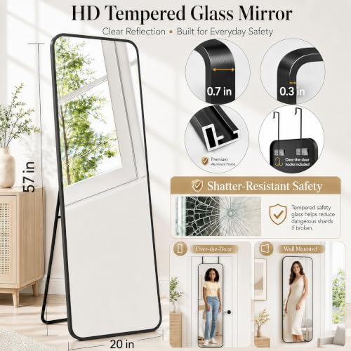 57x20" Full Length Mirror Floor Stand,Over the Door,Wall Mounted Black | HD Crystal Clear Tempered Glass,Aluminum Frame,Full Body Dressing Make-Up Mirrors Rect Hang for Bedroom,Bathroom,Living Room - color: Black, size: 57"L x 20"W