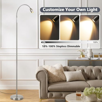 Reading Floor Lamp, 72" LED Dimmable Lamp with Gooseneck,Zoomable Spotlight | Adjustable Color Beam Standing Lamp, Touch & Remote Control, Task Craft, Sewing, Bedroom Living Room, Office, Brushed Nicke - color: Brushed Nickel