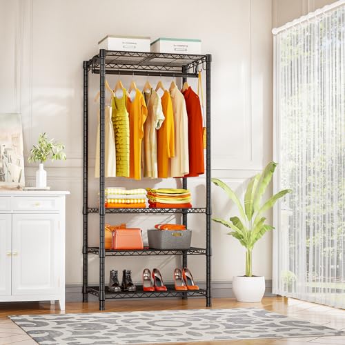 H4 Mini Portable Closet, 4 Tiers Freestanding Clothing Garment Rack for Small Space, Metal Clothes Wardrobe System for Bedroom, 23.6" W x 14" D x 76.4" H, Load 502 lbs, Black | Metal Clothes Wardrobe System for Apartment, Small Space and Bedroom, Load 502