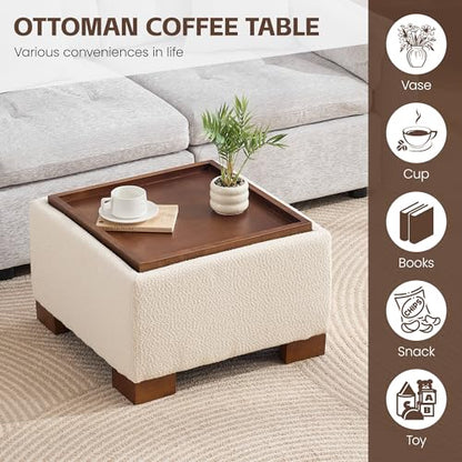 WUTUTUEE 24" Square Ottoman Coffee Table with Storage, Boucle Ottomans with Tray and Solid Wood Legs for Living Room, Bedroom and Apartments, Small Modern Ottoman Tea Table with Lift-Off Lid, Beige - color: 24'' Beige Boucle