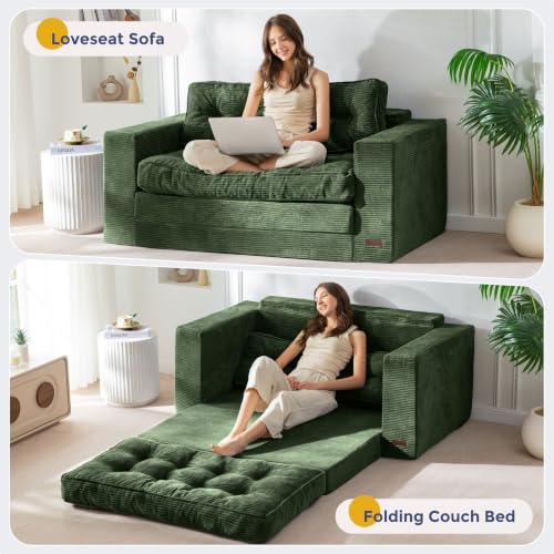 MAXYOYO Folding Sofa Bed, Convertible Sleeper Loveseat with Pillows | 2-Person Fold-Out Loveseat, Convertible Sleeper Bed with Supportive Pillows for Relaxing or Guests, Dark Green - color: Dark Green
