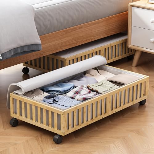 2 Pack Large Bamboo Under Bed Storage Containers with Wheels, Nature | Underbed Drawer Storage with Bag, Wood Rolling Underbed Organizer for Shoes, Sheets Clothes Blanket Comforter, Under Crib Toy - color: Nature, size: 2 PCS (33.07"×16.54")