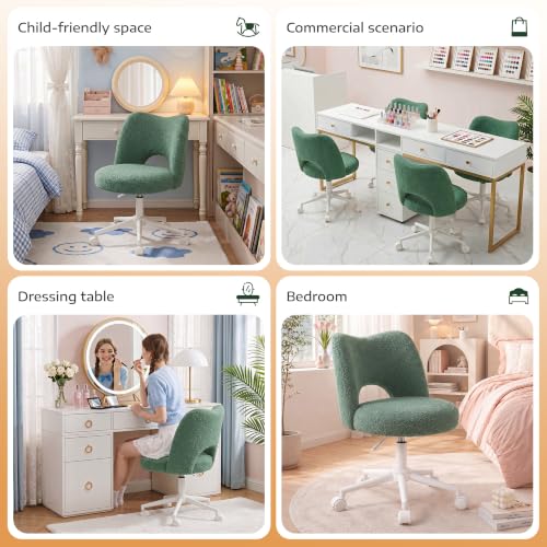 DurayLoly Vanity Chair with Wheels,Open Back,Armless,Green | Soft Teddy Fabric, 6" Thick Cushion, Height Adjustable, 300 lbs, 360° Swivel for Vanity Table, Home Office - color: Green
